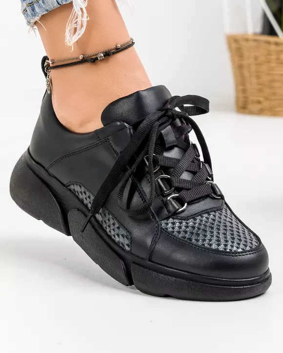 Pantofi sport piele naturala negri cu print si talpa groasa ARIA195