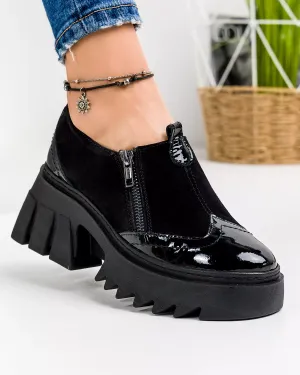 Pantofi Casual - Pantofi casual dama din piele naturala intoarsa si piele naturala lucioasa negri PC838