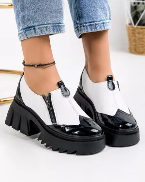 Pantofi Casual Dama Piele Naturala Alb cu Negru PC838