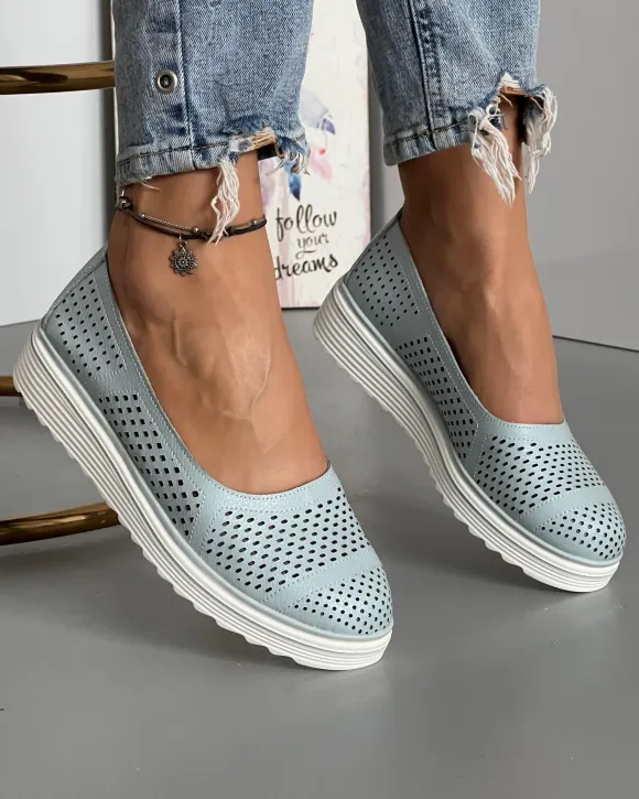 Balerini Piele Naturala Perforati Albastri PL-2033