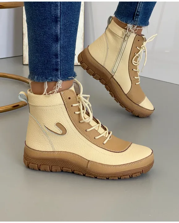 Ghete Imblanite Piele Naturala Antonia - Camel + Bej