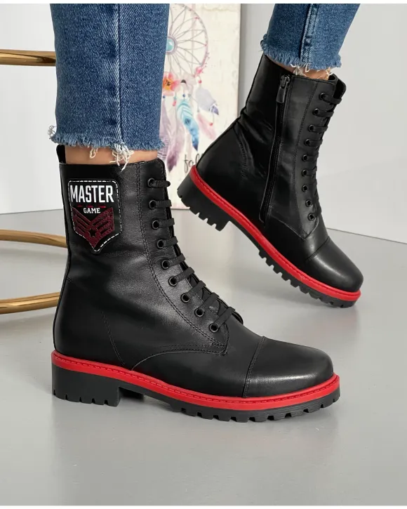 Ghete Piele Naturala Negre Cu Rosu Imblanite AK0903