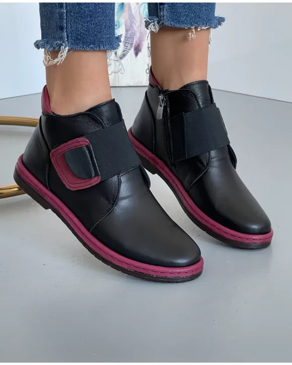 Ghete Piele Naturala Negru Cu Bordo Imblanite AK77