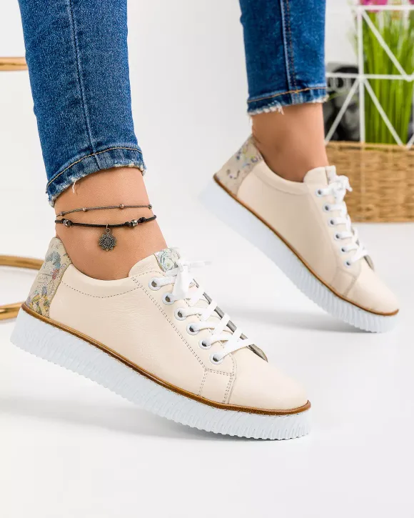 Pantofi casual dama piele naturala bej cu model floral la calcai si inchidere cu siret AKD23145