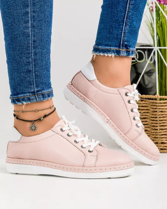 Pantofi casual de dama din piele naturala roz cu talpa joasa si varf rotund AKD002