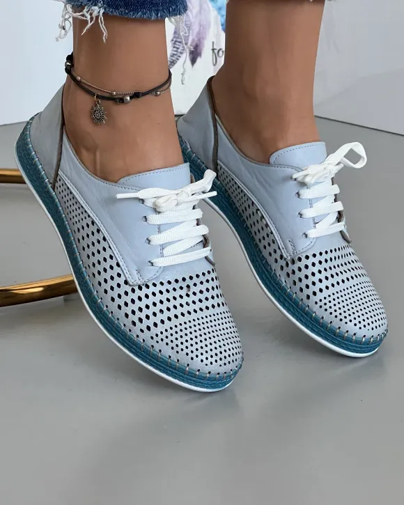 Pantofi Casual De Dama Piele Naturala Cu Talpa Cusuta Perforati Albastri AKBM133-3