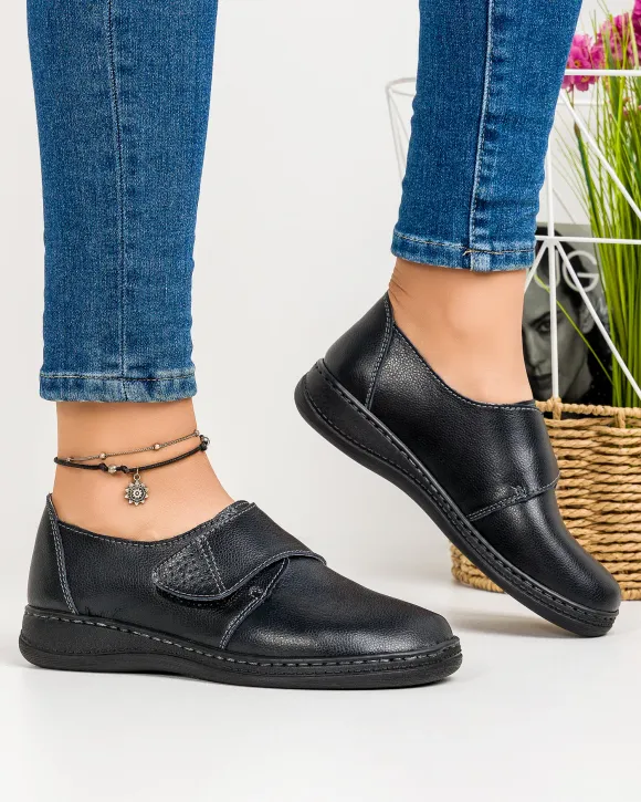 Pantofi Casual Negri Piele Naturala Cu Bareta XH040