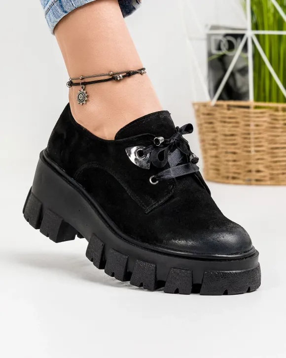 Pantofi Casual Piele Naturala Intoarsa Negri IN460