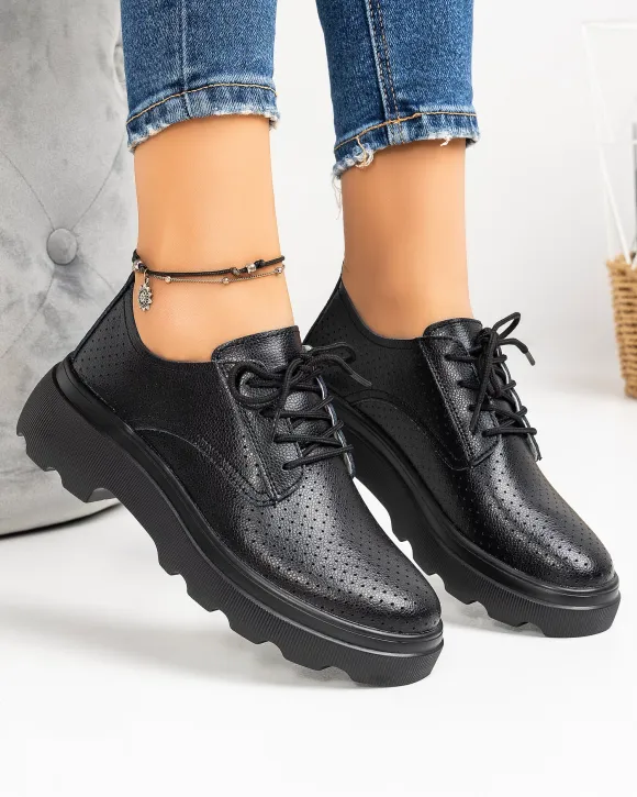 Pantofi Casual Piele Naturala Perforati Negri AW382
