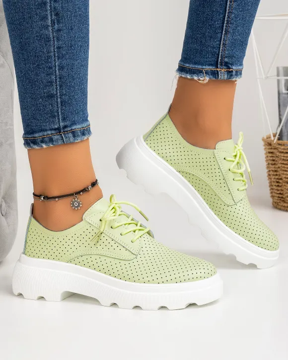 Pantofi Casual Piele Naturala Perforati Verzi AW382