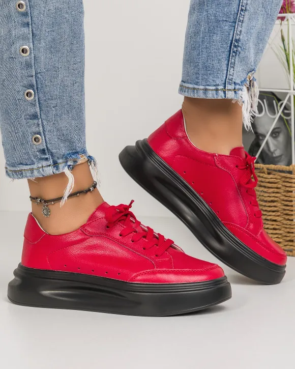 Pantofi Casual Piele Naturala Rosii Cu Negru AW429