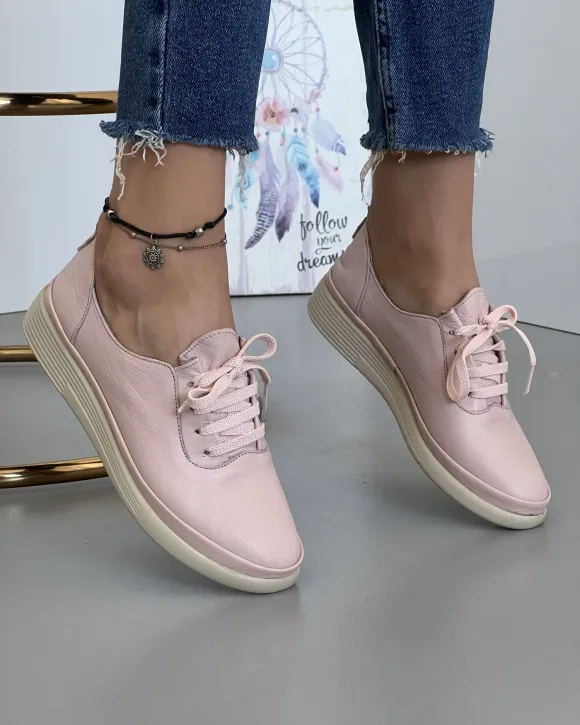 Pantofi De Dama Piele Naturala Casual Cu Siret Elastic Roz Pudra AKD05