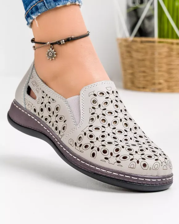 Pantofi Piele Naturala Casual Perforati Gri JY8730