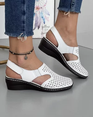Sandale Albe Piele Naturala Cu Bareta Elastica Perforate JY35818