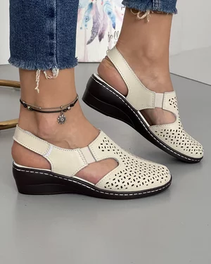 Sandale Cu Bareta Elastica Piele Naturala Bej Perforate JY35818