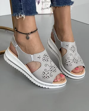 Sandale Cu Broderie Florala Piele Naturala Gri JY3010