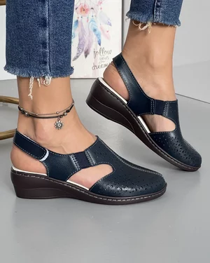 Sandale Piele Naturala Bleumarin Cu Bareta Elastica Perforate JY35818