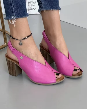Sandale Roz Fucsia Piele Naturala Cu Toc Si Bareta Elastica La Spate AK700