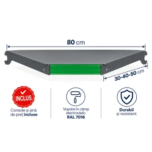 Poliță metalică pentru colț interior – 30 / 40 / 50 cm, Antracit
