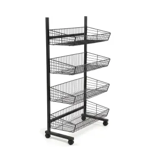 Raft de expunere negru cu 4 niveluri – stand mobil pentru magazin, 70 cm