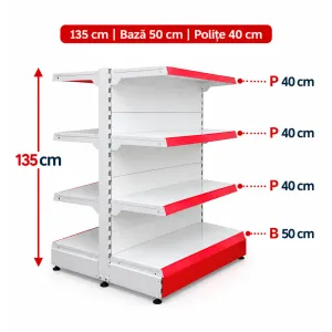 Raft gondola pentru magazin Alb 135 cm – Baza 50 cm – Polite 40 cm