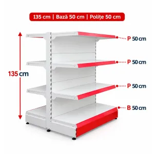 Raft gondola pentru magazin Alb 135 cm – Baza 50 cm – Polite 50 cm