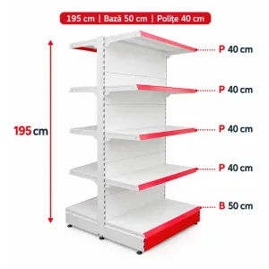Raft gondola pentru magazin Alb 195 cm – Baza 50 cm – Polite 40 cm