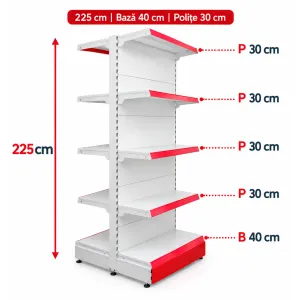Raft gondola pentru magazin Alb 225 cm – Baza 40 cm – Polite 30 cm