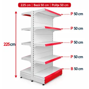 Raft gondola pentru magazin Alb 225 cm – Baza 50 cm – Polite 50 cm