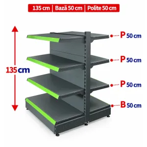 Raft gondola pentru magazin Antracit 135 cm – Baza 50 cm – Polite 50 cm