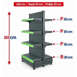 Raft gondola pentru magazin Antracit 165 cm – Baza 30 cm – Polite 30 cm