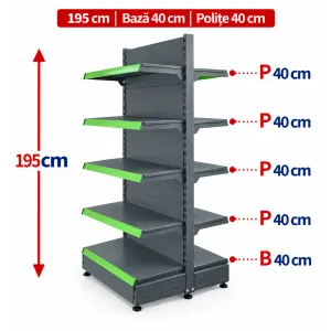 Raft gondola pentru magazin Antracit 195 cm – Baza 40 cm – Polite 40 cm