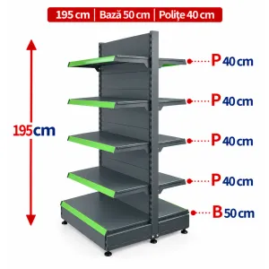 Raft gondola pentru magazin Antracit 195 cm – Baza 50 cm – Polite 40 cm