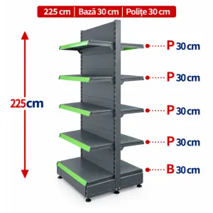 Raft gondola pentru magazin Antracit 225 cm – Baza 30 cm – Polite 30 cm