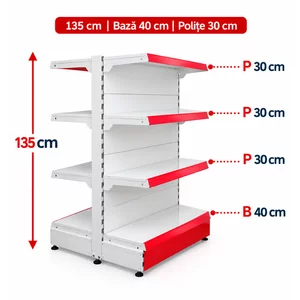 Raft gondola pentru magazin Alb 135 cm – Baza 40 cm – Polite 30 cm