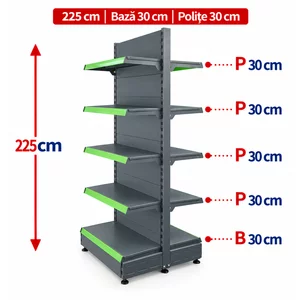Raft gondola pentru magazin Antracit 225 cm – Baza 30 cm – Polite 30 cm