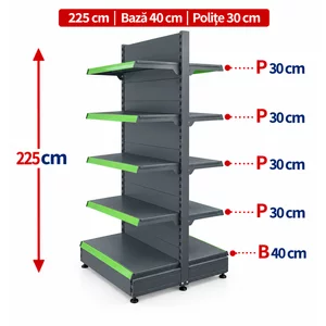 Raft gondola pentru magazin Antracit 225 cm – Baza 40 cm – Polite 30 cm