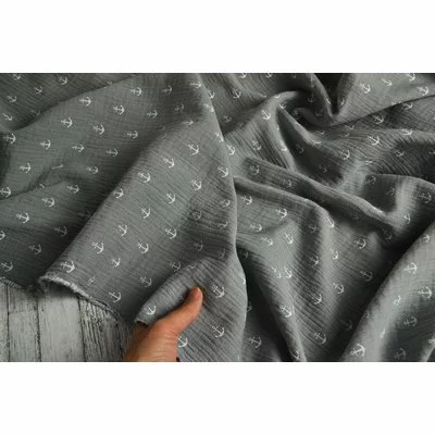 Printed Double Gauze - Anchors Grey