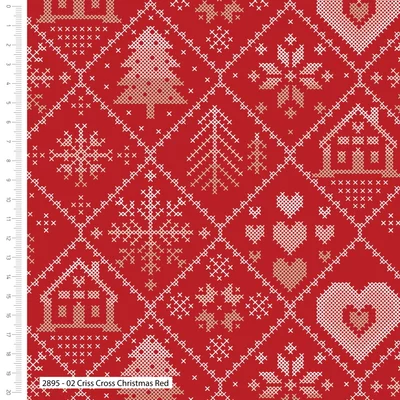 Bumbac Imprimat - Cross Stitch Christmas Red