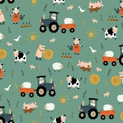 Poplin imprimat - Farm Life Light Green - cupon 70cm