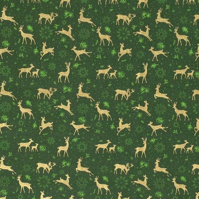 Material bumbac Craciun - Golden Deers Green