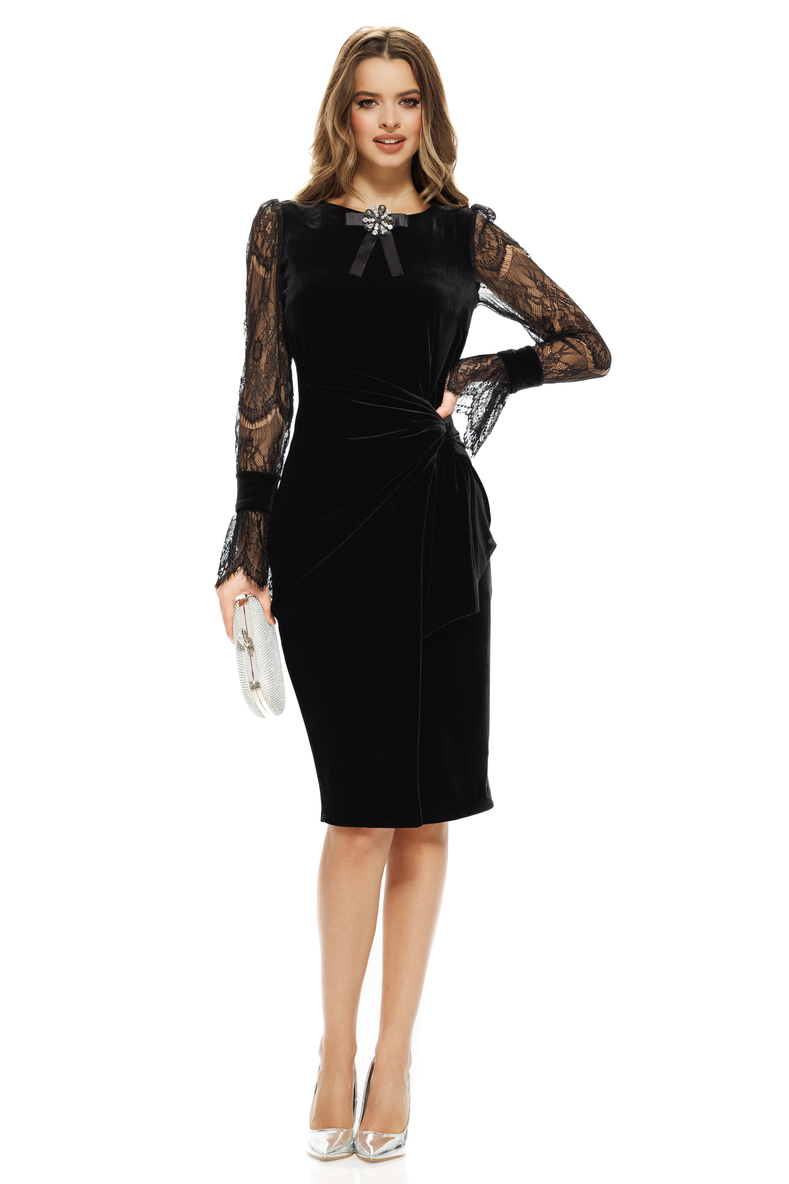 Rochie Fofy Elegant Din Catifea Neagr Cu M neci Din Dantel i Nod rochie-fofy-elegant-din-catifea-neagr-cu-m-neci-din-dantel-i-nod
