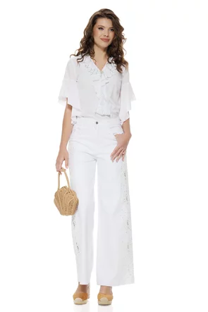 Blugi dama albi premium cu broderie si strasuri pe lateral summer escape 2026