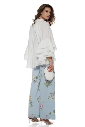 Blugi dama baby blue extralong wide cu imprimeu floral talie inalta