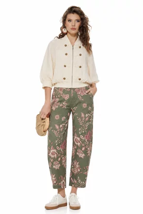 Blugi dama baloon premium olive cu imprimeu floral si talie inalta