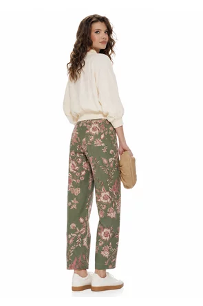 Blugi dama baloon premium olive cu imprimeu floral si talie inalta