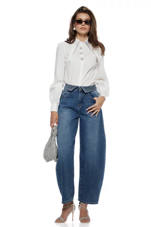 Blugi dama bareel premium albastri elastici talie inalta betelie intoarsa cu cristale