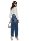 Blugi dama bareel premium albastri elastici talie inalta betelie intoarsa cu cristale picture - 2