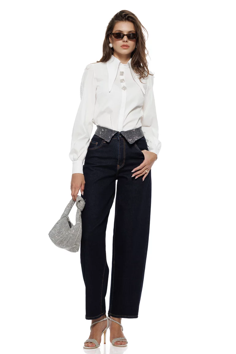 Blugi dama bareel premium indigo elastici talie inalta betelie intoarsa cu cristale picture - 3