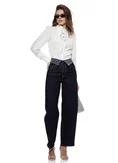 Blugi dama bareel premium indigo elastici talie inalta betelie intoarsa cu cristale picture - 1